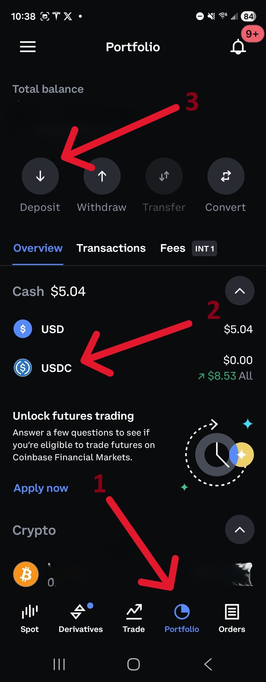 Navigate to the portfolio tab. Select USDC and then deposit.